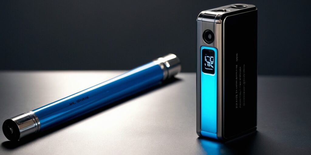 Image d'une batterie de cigarette électronique avec un affichage digital indiquant la puissance en watts.