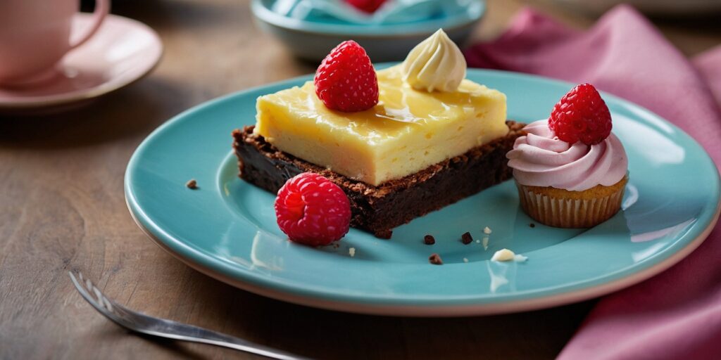 Une image de desserts gourmands comme des gâteaux, des cupcakes et des crèmes glacées, présentés de manière appétissante.