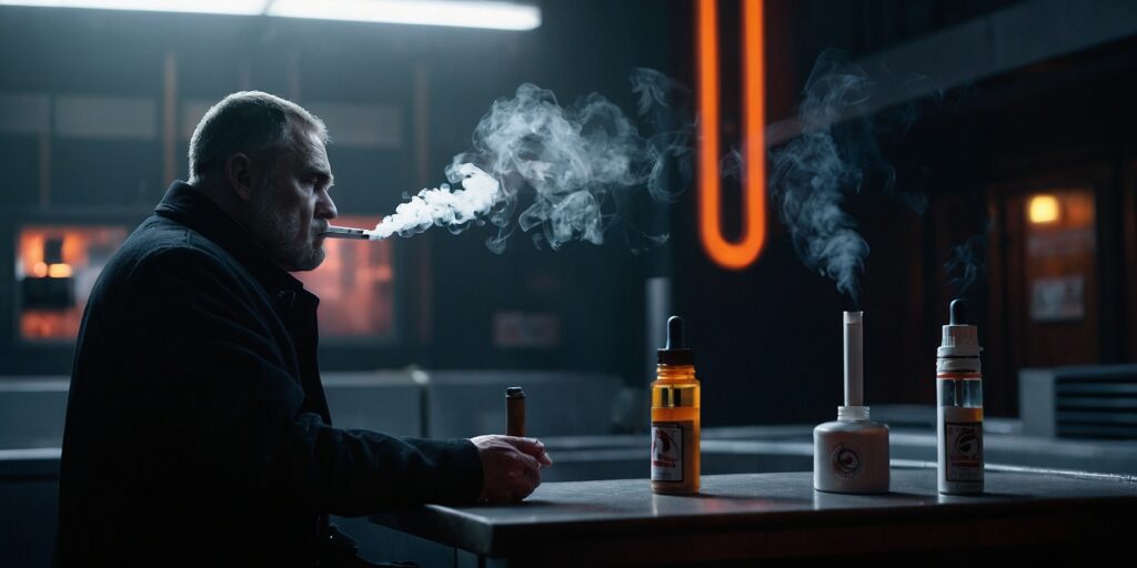 Une photo d'une personne tenant un Puff 9000 taff, avec des effets visuels pour illustrer la dépendance et les risques pour la santé. On peut voir des symboles de danger, des effets négatifs sur le corps, ou une silhouette en train de fumer une cigarette, symbolisant la dépendance.